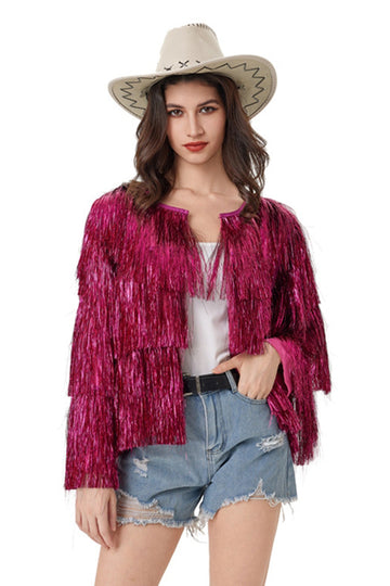Sparkly Tassel Fringe Fuchsia Women Coat